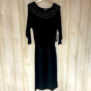 NWT New York & Compny Black Knit Pearl Neckline 3/4 Sleeve Midi Dress Sz S